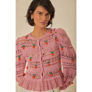 New Farm Rio Orange Tassel Crochet Cardigan Sweater Pink Boho Blouse Knit Small